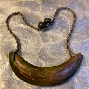 Vintage Artisan Wooden Pendant Necklace with Twisted Cord